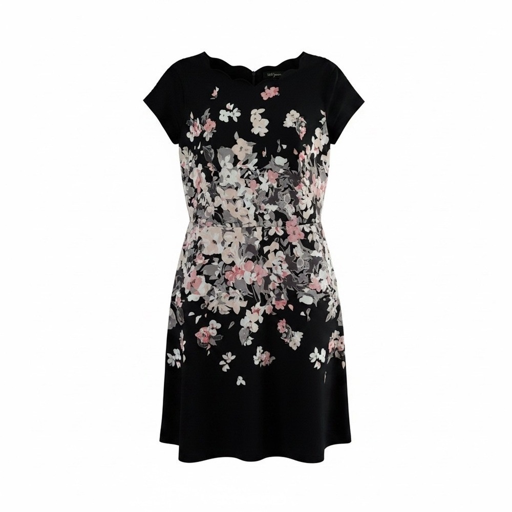 Isaac Mizrahi Live Black Floral Scalloped Neck Fit & Flare Dress 20W Cap Sleeves